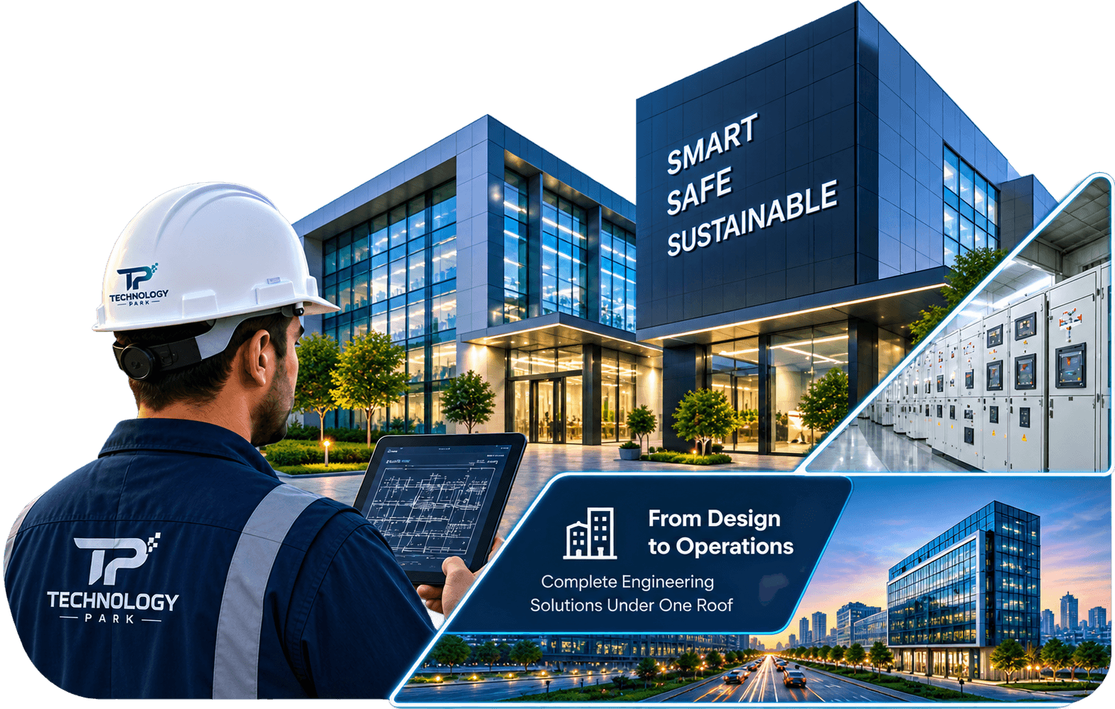 Technology Park engineer reviewing plans in front of a smart, safe, sustainable facility